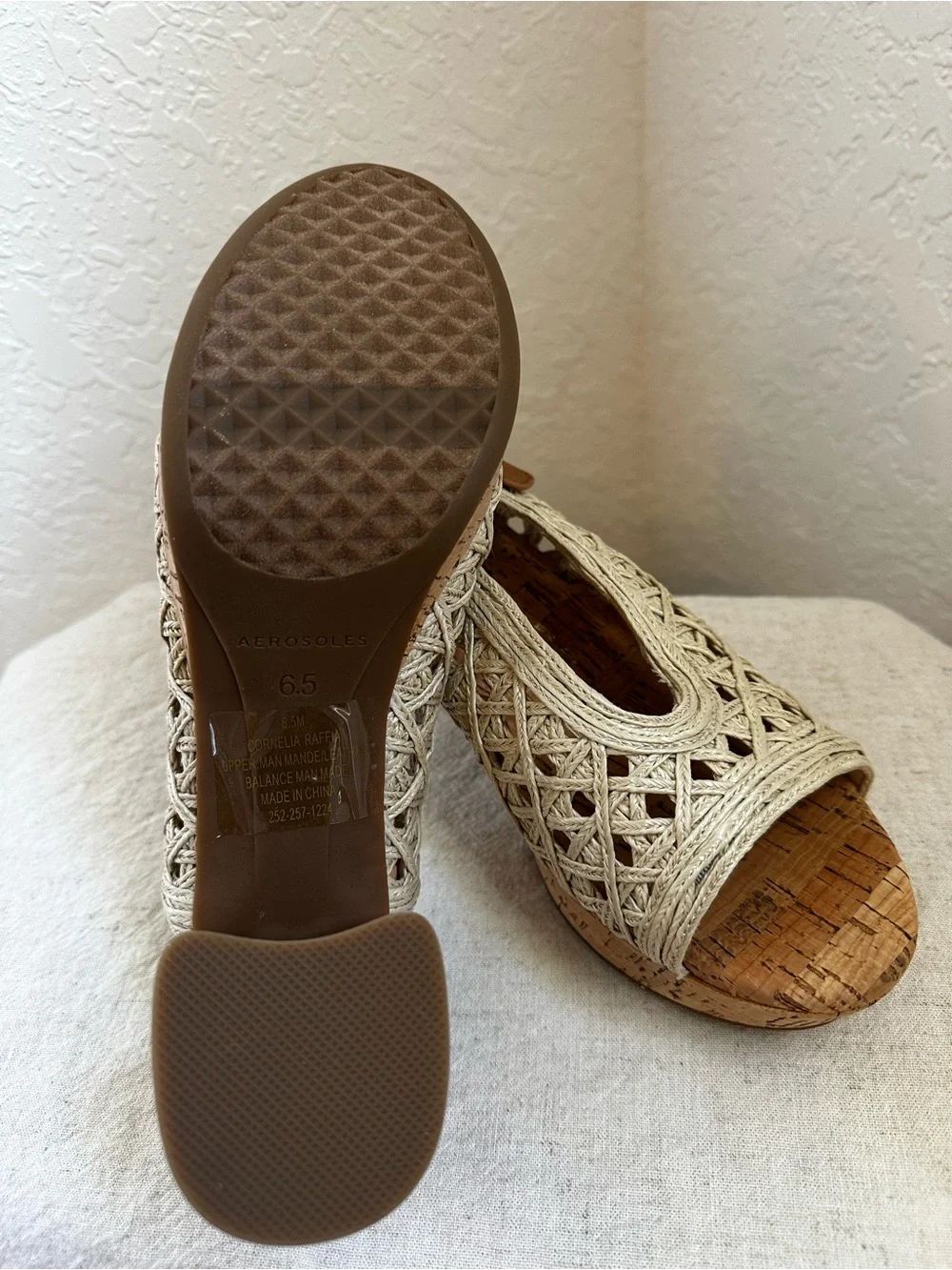 AEROSOLES Cream Woven Espadrille Wedges with Brown Ankle Strap